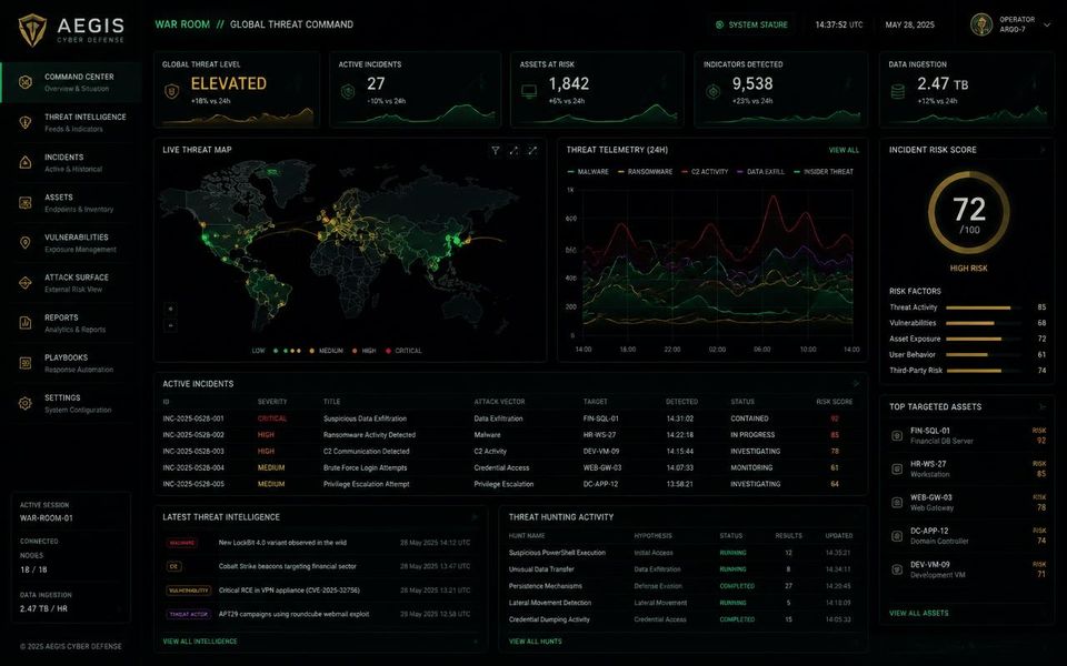 Tampilan aplikasi ARUD ORGANIQ NEXUS — AON v5.0 — War Room Console pertahanan siber (defensive-only)