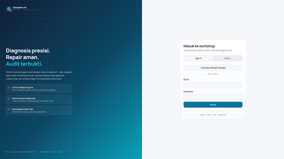 Tampilan aplikasi CompServ AI Repair · Security — Servis komputer defensif bertenaga AI