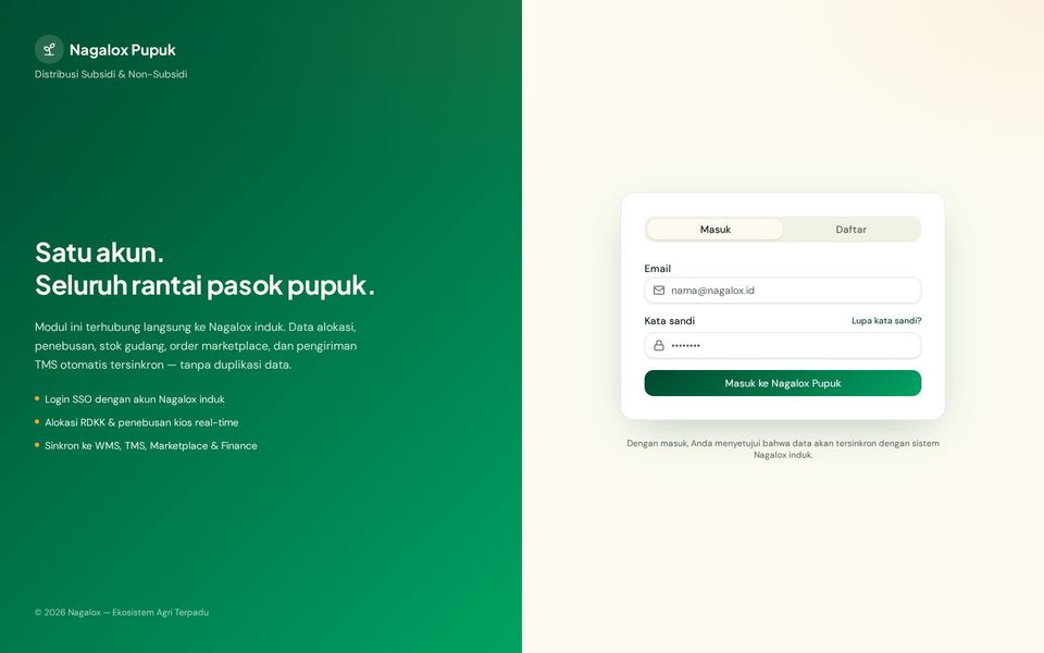 Tampilan aplikasi NagaLox Fertilizer — Modul distribusi pupuk & agri