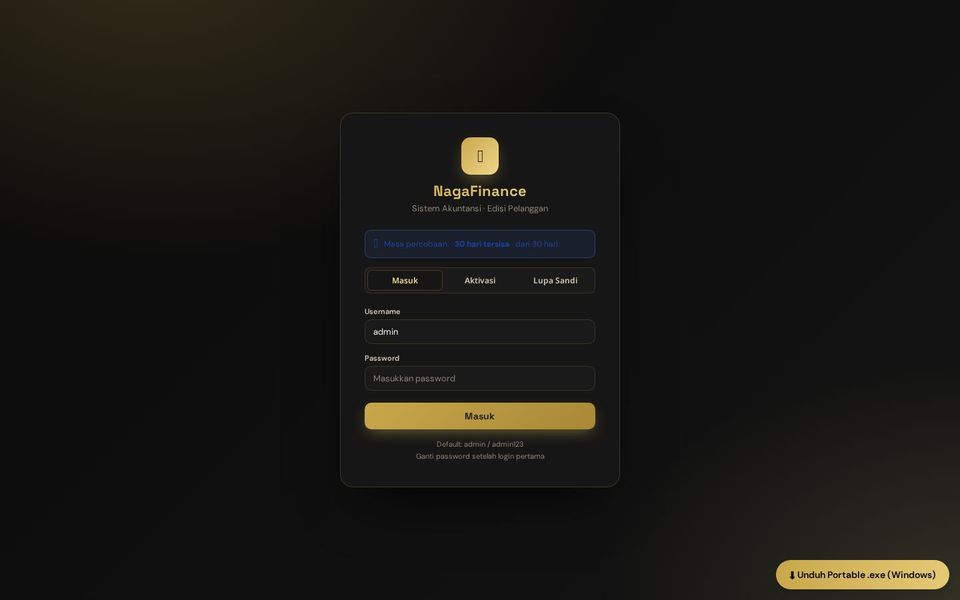 Tampilan aplikasi NagaFinance — Elegant Finance Hub — Akuntansi & keuangan yang elegan