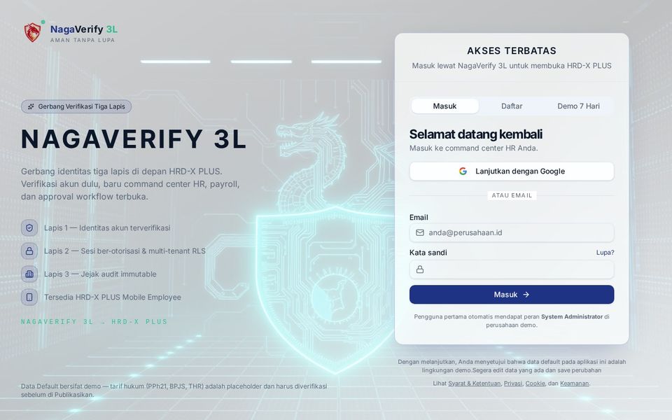 Tampilan aplikasi HRD-X PLUS Employee Connect — Command center HR dengan gerbang NagaVerify 3L