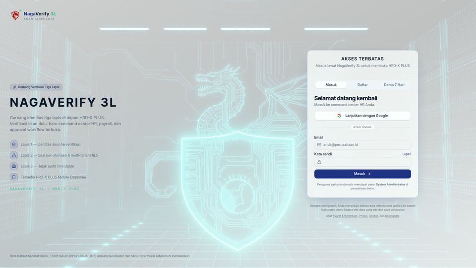 Tampilan aplikasi HRD-X + NagaFinance Unified Platform (NagaBridge) — Satu platform untuk SDM, payroll, dan keuangan perusahaan