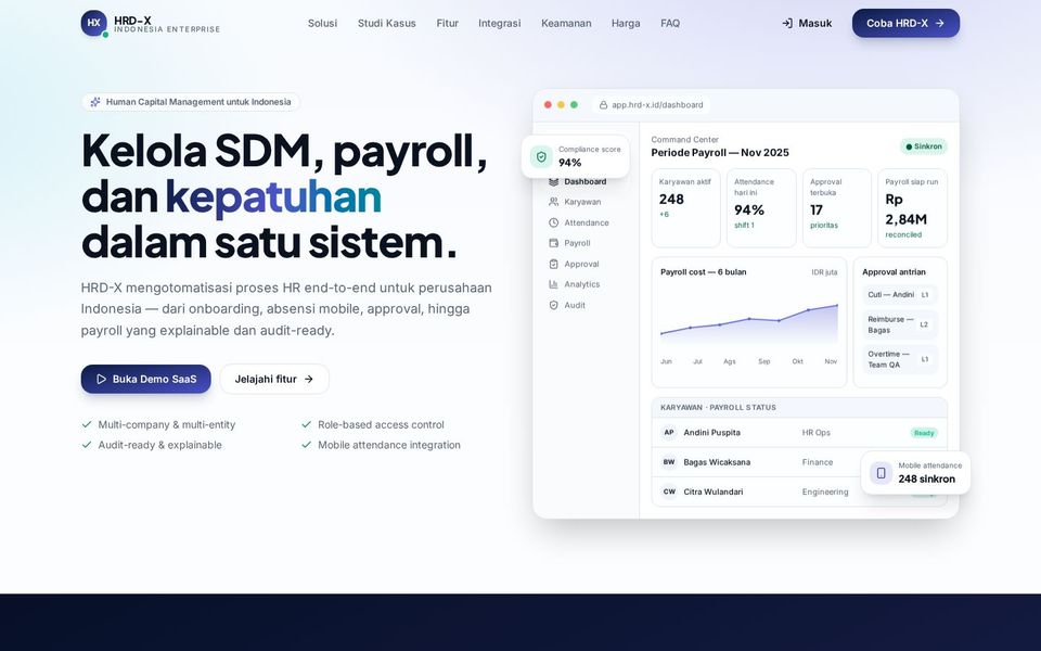 Tampilan aplikasi HRD-X Launchpad — Website peluncuran HRD-X Indonesia