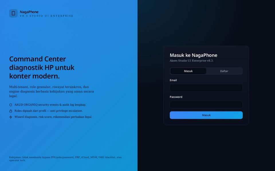Tampilan aplikasi NagaPhone Command Center — SaaS diagnostik smartphone enterprise