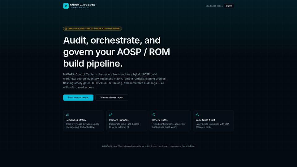 Tampilan aplikasi NAGARA Build Nexus — Control plane untuk build AOSP / ROM