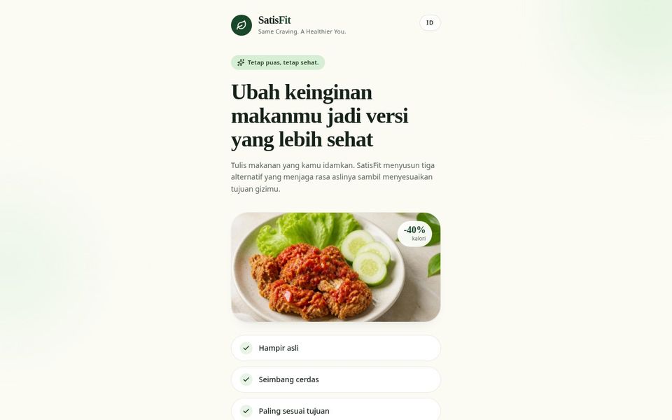 Tampilan aplikasi SatisFit AI Mobile — Craving jadi versi sehat tanpa kehilangan rasa
