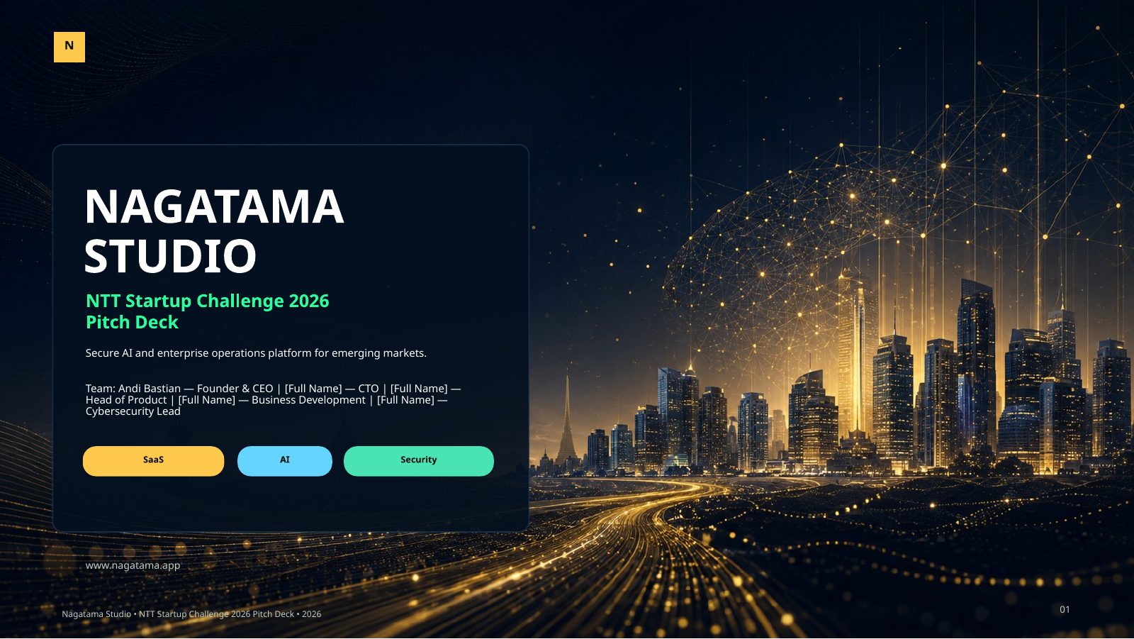 Slide 1 dari pitch deck Nagatama Studio NTT Startup Challenge 2026